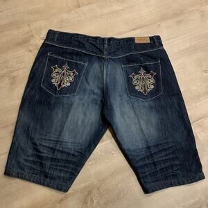Vintage Y2K Denim LAX Jean Shorts Jorts Men's 44 Embroidered Dark Baggy Goth